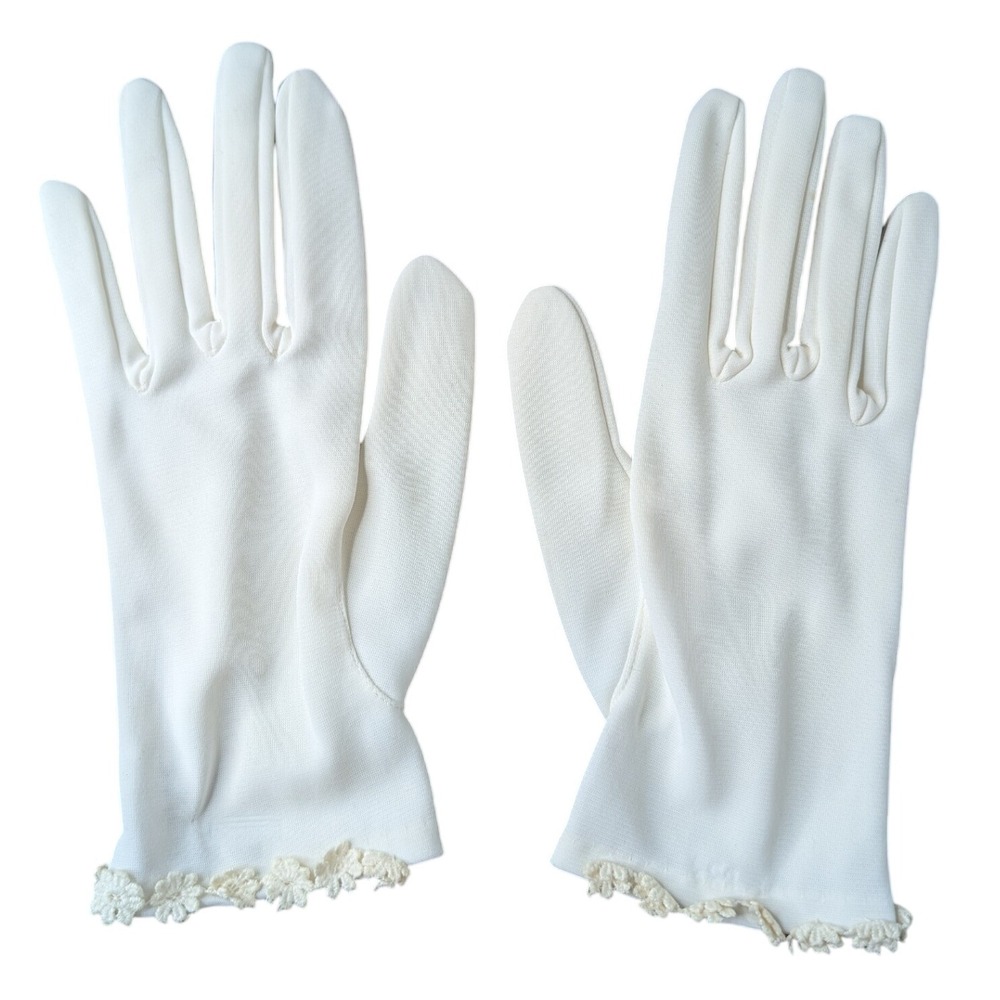 Vintage Max Mayers Gloves White‎ Lace Flower Trim Evening Made in Hong Kong